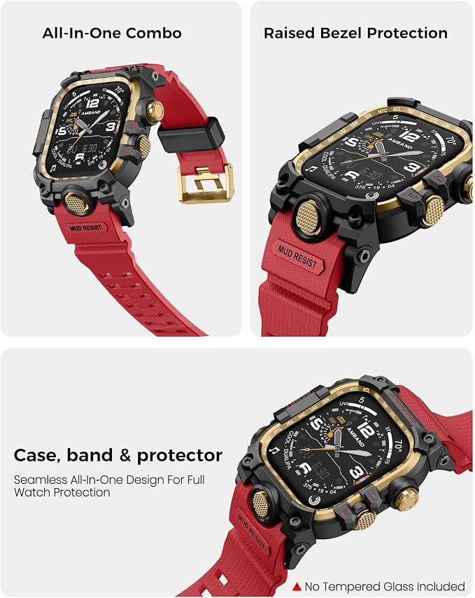 amBand Rugged Case with Band for Apple Watch 46mm, Compatible with Apple Watch (iWatch) Series 10 11, Military Grade Shockproof Bumper Cover, Tactical Band for Men, Red