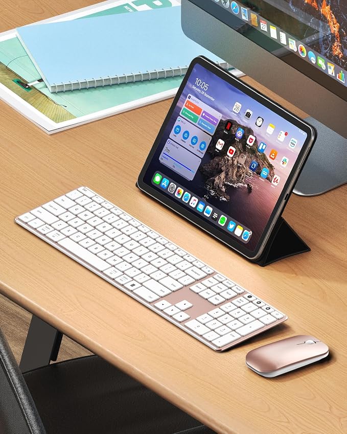 seenda Wireless Bluetooth Keyboard and Mouse Combo, SKM64-3 Rechargeable Slim Quiet Keyboard Mouse, 3 Multi-Device Connection, Compatible for Windows 11/10 PC Laptop Mac MacBook iPad, White Rose Gold