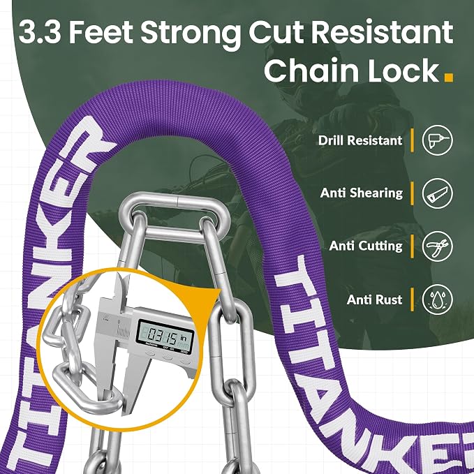 Titanker Bike Chain Lock with Keys, 3.3 Feet Security Heavy Duty Anti-Theft Bicycle Chain Locks for Bike, Motorcycle, Bicycle, Door, Gate, Fence, Grill (6mm, 8mm, 10mm Thick Chain)