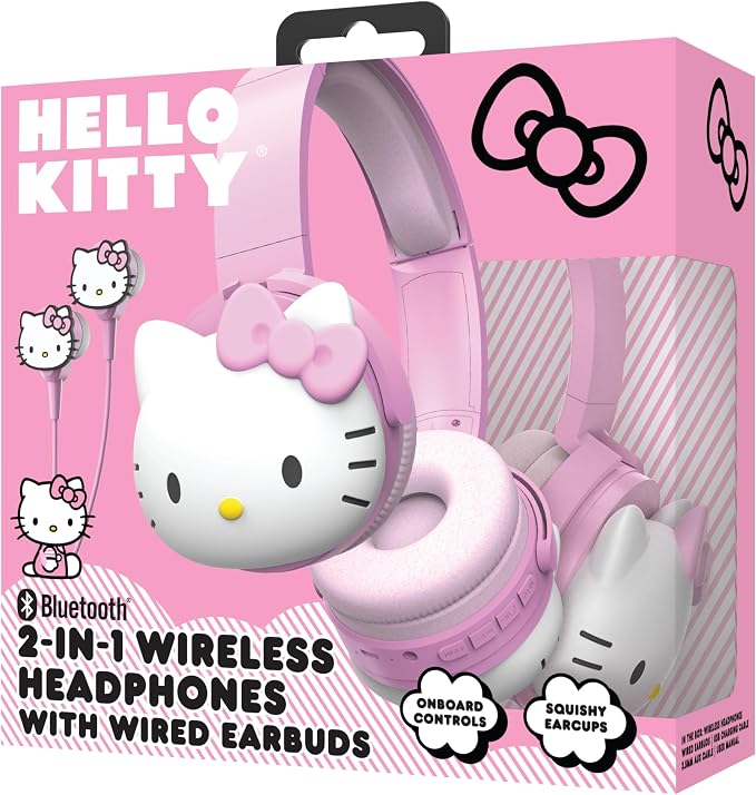 Hello Kitty 2-in-1 Wireless Bluetooth Headphones with Wired Earbuds – Foldable Over-Ear Headset with Built-in Mic, AUX Cable, Adjustable Headband, and Onboard Controls – Pink
