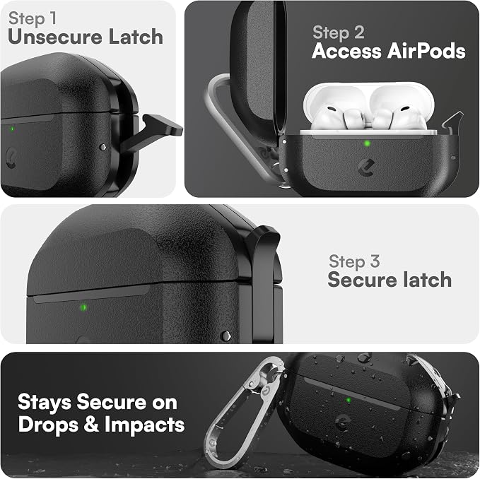 Keybudz for Waterproof AirPods Pro 3 Case with Lock - IP68 Waterproof and Dust Proof, Shockproof Protector, Heavy Duty Rugged Protection, Drop Proof Hard Cover for AirPods Pro 3rd Gen (Carbon Black)