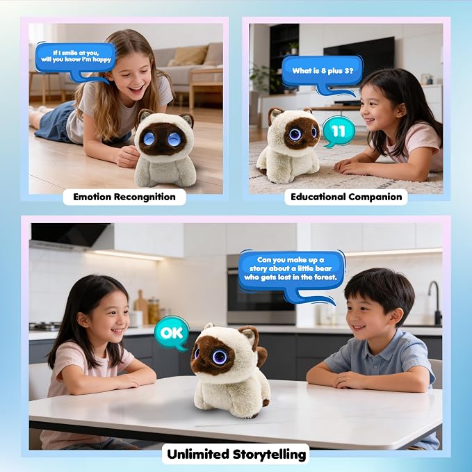 Contixo AI Pixie-Paw Smart Interactive Plush Cat – Voice-Responsive, Touch-Activated, Expressive Eyes, AI Companion Stuffed Animal for Kids & Pet Lovers, Brown