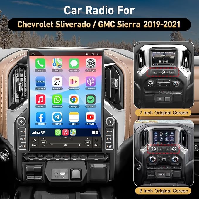 8-core 6G+128G Car Radio for Chevrolet Sliverado/GMC Sierra 2019 2020 2021, 15.6 Inch 2.5K IPS Touch Screen Upgrade Car Stereo with Carplay/Android Auto,GPS, WiFi, Bluetooth, FM