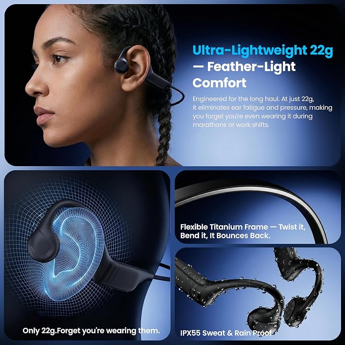 Bone Conduction Headphones, 22g Ultra-Lightweight Open-Ear Sport Headset with Mic, Bluetooth 6.0, 10H Battery, IP55 Waterproof Workout Earphones for Running, Cycling & Gym