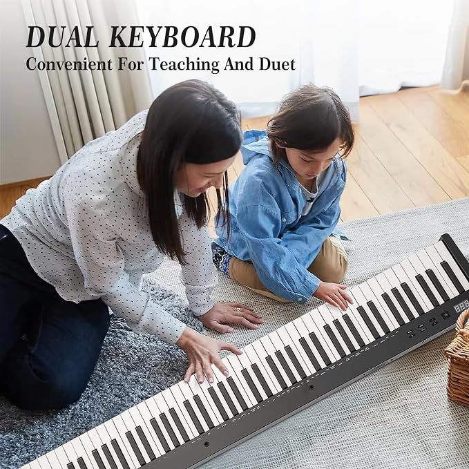 88 Key Weighted Folding Keyboard,Full Size Electric Piano Keyboard 88 Keys with for Beginners,Portable Case,Sustain Pedal,Black and White,Digital Piano Carry Bag,Note Sticker,Holder,Headphone