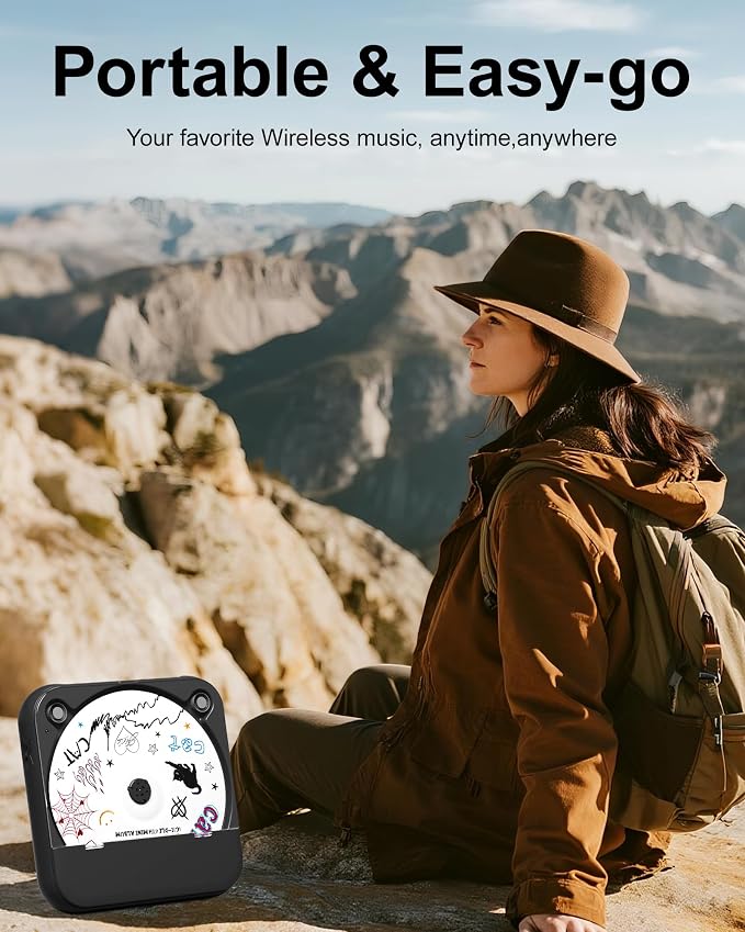 ENVYCLOUD CD Player Portable with Dual Stereo Speakers, Rechargeable Portable Player with Bluetooth for Home with Headphones, Support CD/AUX/USB,Black