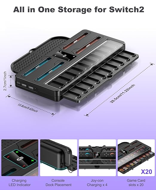 Switch 2 Game Organizer & Charging Station – Charges 4 Joy Cons & Stores 20 Game Cards | Joy-Cons Controller Charging Dock with Sync USB | Compatible Only with Nintendo Switch 2 (2025)