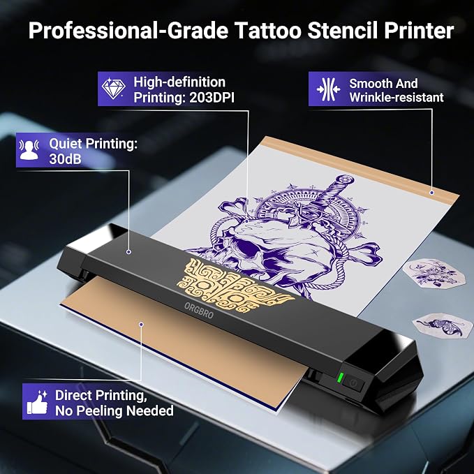ORGBRO Tattoo Stencil Printer, X8 Thermal Tattoo Transfer Printer with 30pcs Transfer Paper, A4/A5/A6 3-in-1 Wireless Tattoo Machine for Tattoo Artists & Beginners, Compatible with Phone/Tablet/PC