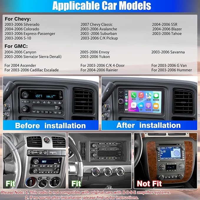 8 Core 4+64G Car Stereo Radio for Chevy Chevrolet Silverado Tahoe 2003-2006, GMC Sierra Yukon 2003-2006, Hummer 2003-2006, 7'' Radio with Wireless CarPlay/Andriod Auto/WiFi/Bluetooth/Backup Camera/GPS