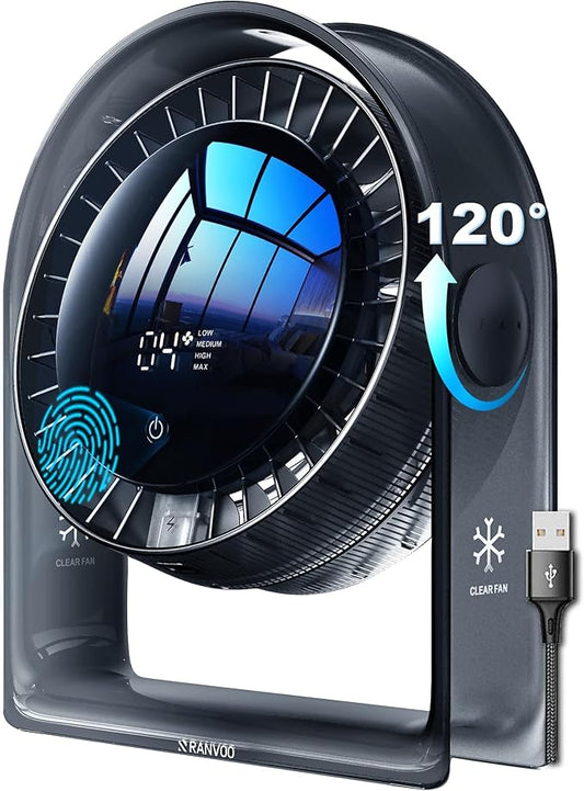 2026 New Desk Fan, Quiet Air Circulator Mini Fan for Bedroom, Portable Smart Display USB Fan, 4 Speeds Strong Airflow, 120°Tilt, Small Desktop Table Fans For Office Bedside Room, Translucent Black