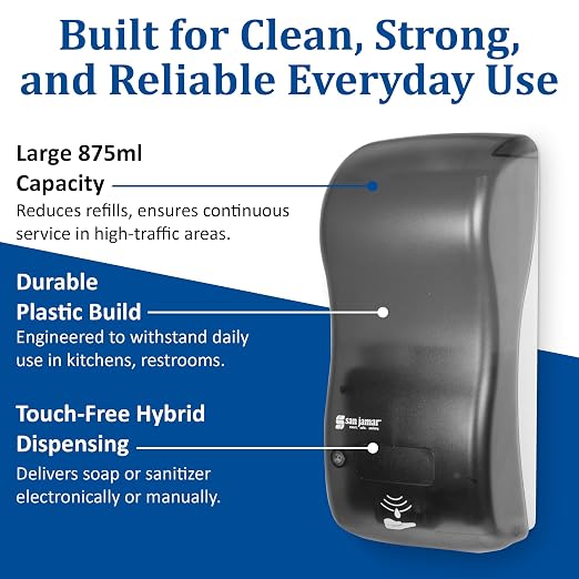 San Jamar Classic Rely Hybrid Electronic Liquid and Lotion Soap Dispenser Hand Sanitizer Dispenser for Bathroom, Kitchen, Restrooms, and Restaurants, Plastic, 900 Ml, Black Pearl