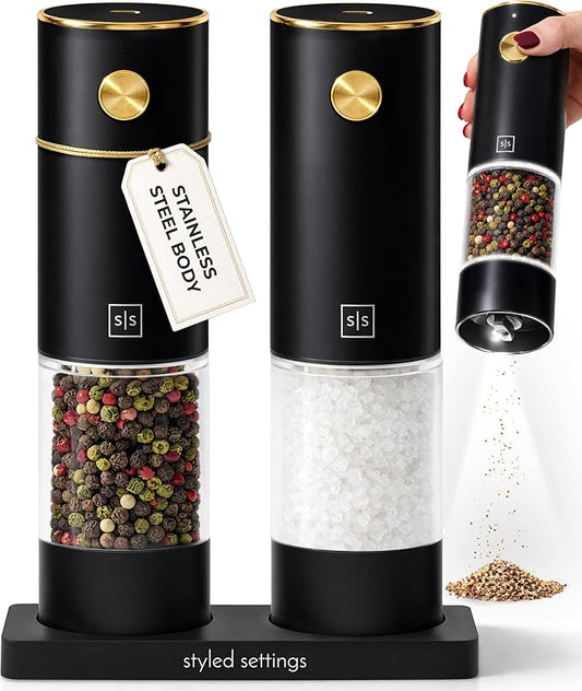 Electric Salt and Pepper Grinder Set Rechargeable – Black and Gold Salt and Pepper Shakers with USB-C Charging, Adjustable Grind, LED Light, One Touch Control, Stainless Steel Body