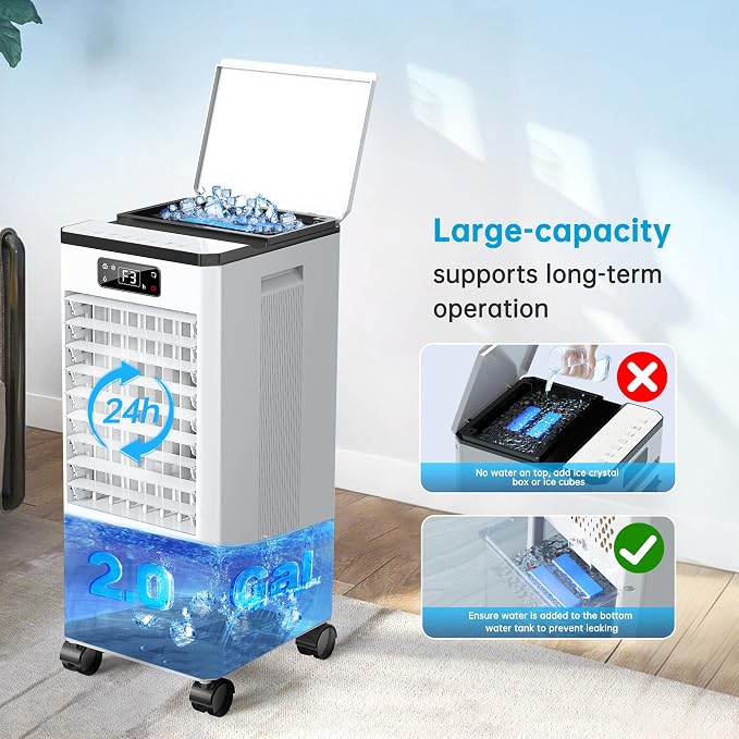 Evaporative Air Cooler, 4-IN-1 Portable Air Conditioners, Swamp Cooler, 3 Speeds & 4 Modes, 2-Gal Tank for Cooling, 16 FT/S Remote Control, Windowless Air Conditioners for Indoors