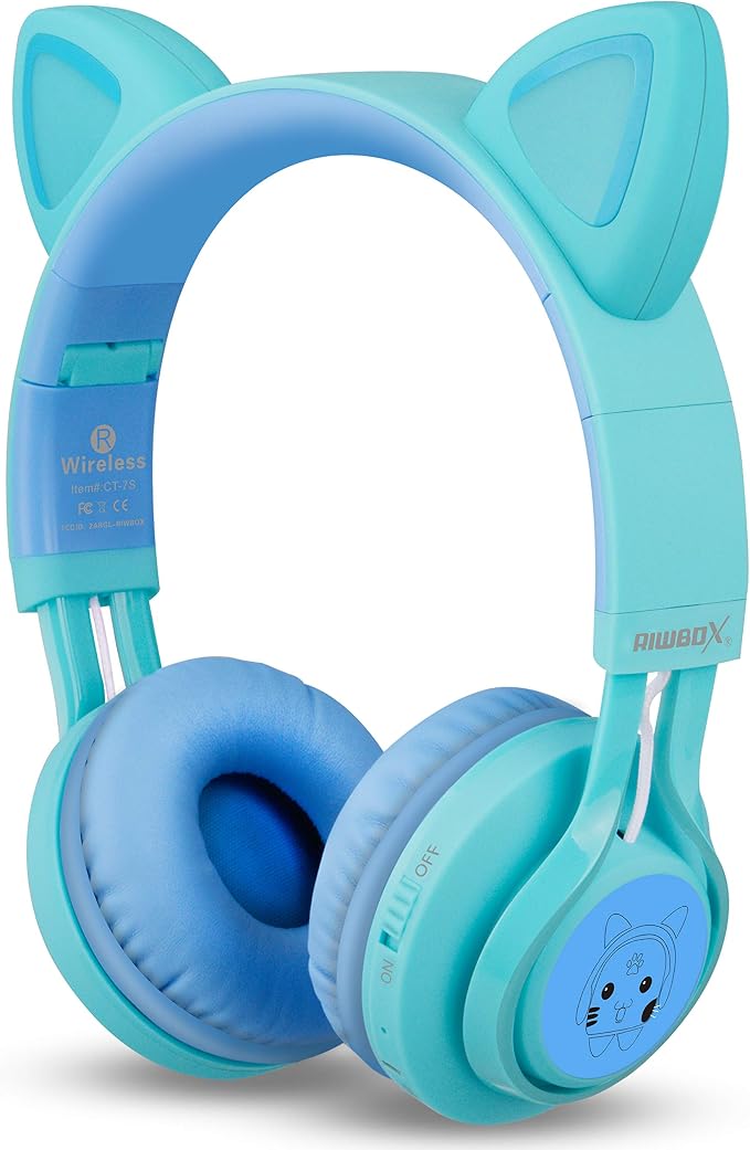 Riwbox Kids Headphones, CT-7S Cat Ear Bluetooth Headphones with LED Light, 85dB Volume Limiting, Over Ear with Microphone for Laptop/PC/TV (Blue & Green)