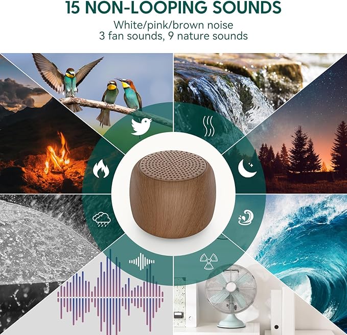 Babelio White Noise Sound Machine for Adults Kids Baby, Mini, 15 Non-looping Sounds, Timer, Memory Function, Easy to Pocket and Travel Wood Grain
