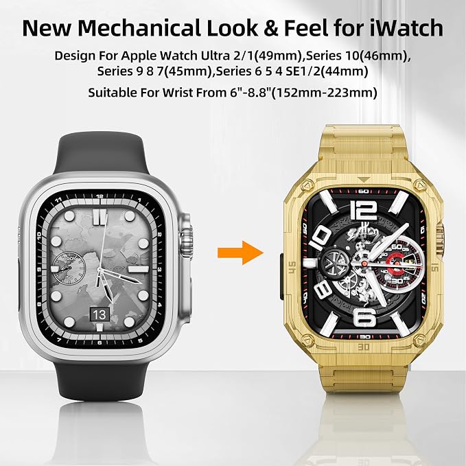Mechanical Metal Watch Case with Band, Apple Watch 11/10 46mm, Gold | Rugged Military Stainless Steel, Protective Bumper Cover, Tough Business Band, For Men