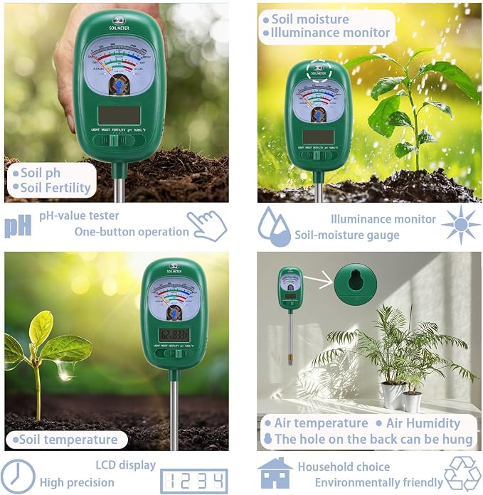 7-in-one Soil Test Kit, Soil Moisture Meter/PH Meter/Sunlight Intensity/Fertility Soil Tester, LCD Display Air & Soil Hygrometer Temperature for Hous Plants Garden, Farm, Lawn Care Moisture Meter