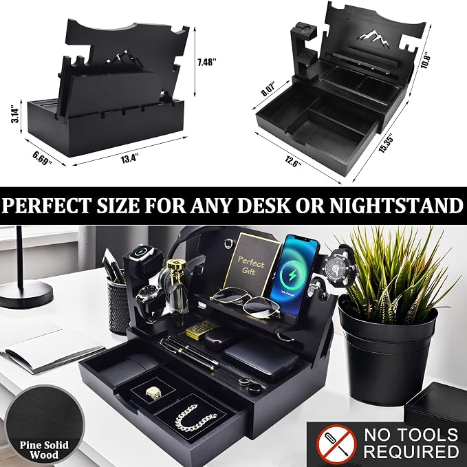Nightstand Organizer for Men with Large Drawer, Wood Phone Docking Station for Phone, Apple Watch, Wallet & Keys, Ideal Birthday Gift for Father Husband Wife, Bedside Desk Organizer (Black)