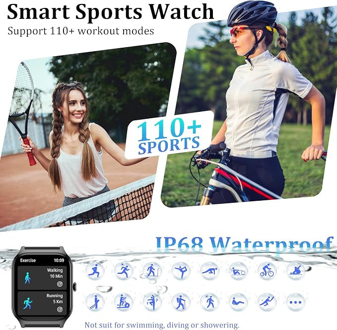 Smart Watch Women Men, 1.85’’ Reloj Inteligente para mujer hombre, Make/ Answer Call, Health Monitor/Blood Pressure, 110+ Sports Modes, Voice Control, IP68 Waterproof Compatible with Android & iPhone