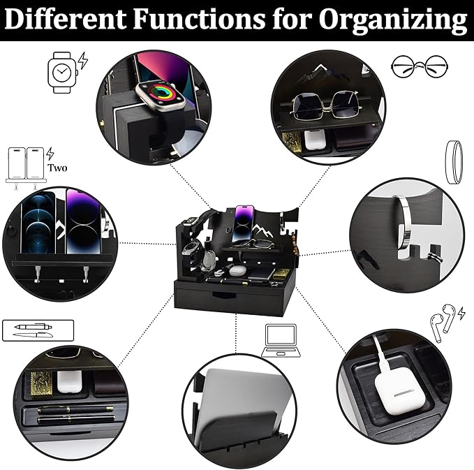 Nightstand Organizer for Men with Large Drawer, Wood Phone Docking Station for Phone, Apple Watch, Wallet & Keys, Ideal Birthday Gift for Father Husband Wife, Bedside Desk Organizer (Black)