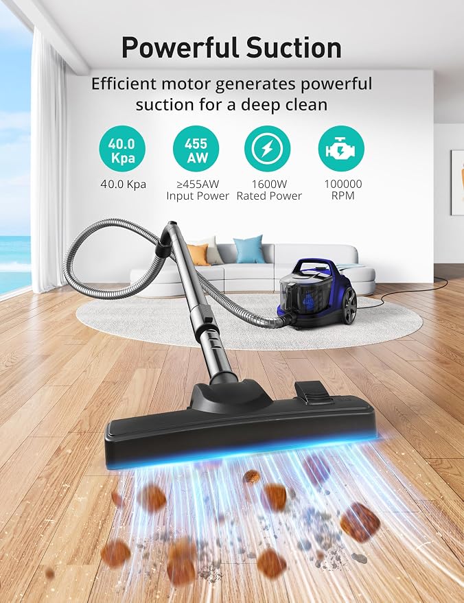 Aspiron 40Kpa Canister Vacuum Cleaner, 1600W Bagless Canister Vacuum Cleaner with 5 Tools, Auto Cord Rewind, H13 HEPA Filter, 4Qt Large Cup, for Hard Floors, Carpet, Pet, Upholstery, Tiles, Sapphire