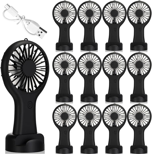 Woanger 12 Pcs Mini Handheld Fan Bulk 3 Speed USB Electric Battery Operated Small Portable Pocket Fan with Data Cable and Mounting Base Quiet Summer Gift for Wedding Camping Travel(Black)