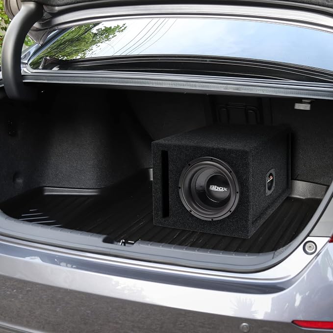 Atrend 8 inch Vented Enclosure Carpeted Car Subwoofer Speaker Box - Improves Audio Quality, Sound and Bass - High Grade MDF Construction with Nickel Finish Speaker Terminal - Black