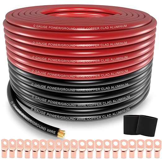 AWG 0 Gauge Wire (20Feet Black+20Feet Red) Copper Clad Aluminum,0 Gauge Battery Cable Wire Power Ground Cable,20pcs Lugs Terminal Connectors,Heat Shrink Tubing Suitable for Indoors,Outdoors,RV,Car