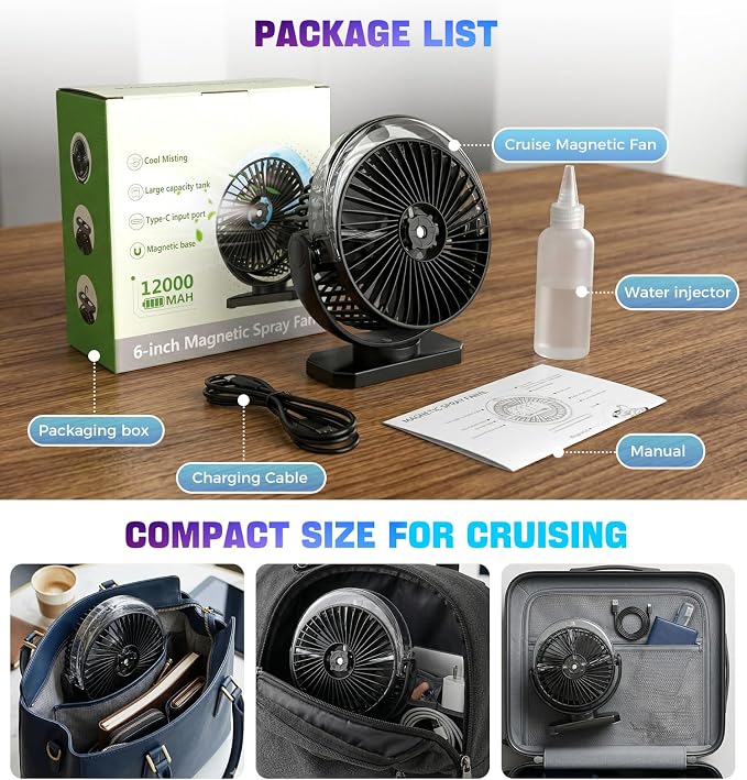 2-Pack Magnetic Golf Cart Fan, Camping Fan with Misting & LED Light, Rechargeable Portable Fan with 12000mAh Battery and Strong Magnet Base, 3-Speeds Battery Operated Fan for Golf Cart, Cruise Ship