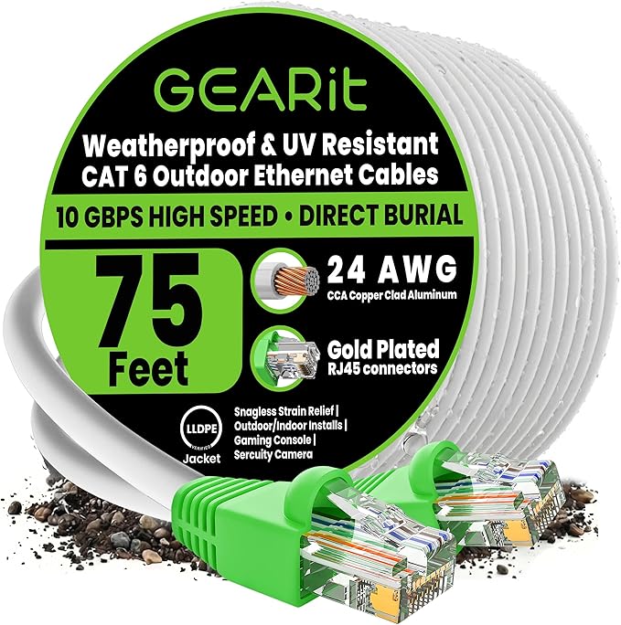GEARit Cat6 Outdoor Ethernet Cable (75 Feet) CCA Copper Clad, Waterproof, Direct Burial, In-Ground, UV Jacket, POE, Network, Internet, Cat 6, Cat6 Cable - 75ft