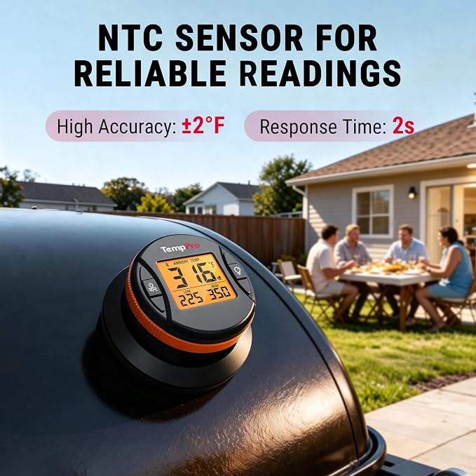 TempPro Bluetooth Grill Thermometer with LCD Display & App Alerts, 500FT Wireless Universal Temperature Gauge for Smoker, Kettle, Kamado, Pellet, Gas Grills-2 Mounting Kits Fit Most Lid Holes