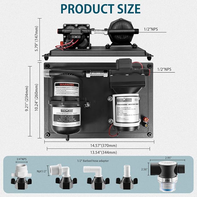 WASSERMANN 12V RV Water Pump and Accumulator Tank System, 3.0GPM 55PSI Self Priming Water Diaphragm Pump with 0.75L 10 PSI Pre-Pressurized Accumulator Tank, Pressure Switch, for Boat Garden RV Camping