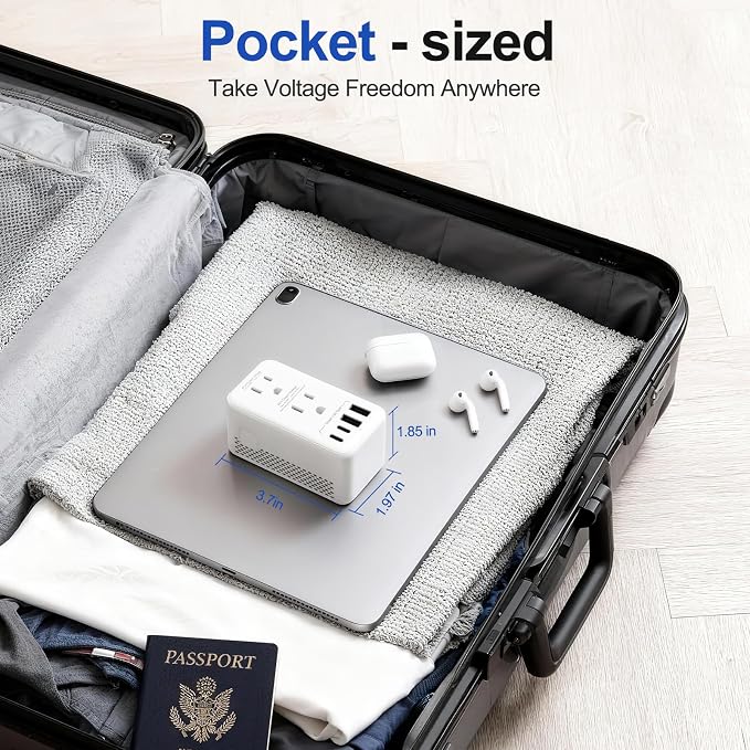 Voltage Converter US to Europe, 220V to 110V Step Down Converter for Travel, 2500W Power Converter Adapter Combo with USB-A USB-C and UK/AU/US/IT/EU Travel Plug Adapters, 1200W Hair Dryer Compatible