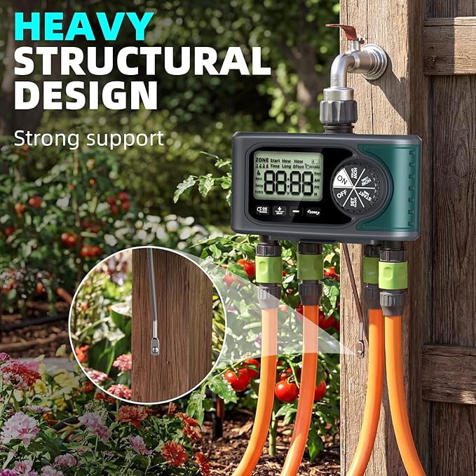 Sprinkler Timer for Outdoor Hose Faucet 4 Zone, Programmable Hose Timer with Rain Delay/Manual/Automatic Watering System, Water Timers for Garden Hose, Digital Drip Irrigation for Yard Lawn Outdoor