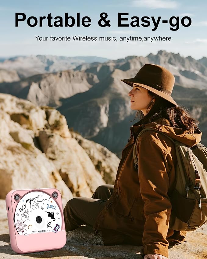 ENVYCLOUD CD Player Portable with Dual Stereo Speakers, Rechargeable Portable CD Player with Bluetooth for Home with Headphones, Support CD/AUX/USB,Pink