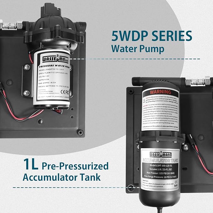 WASSERMANN 12V Boat Water Pump and Accumulator Tank System, 7.0GPM 75PSI Self Priming Water Diaphragm Pump with 1L 10 PSI Pre-Pressurized Accumulator Tank, Pressure Switch, for Boat Garden RV Camping