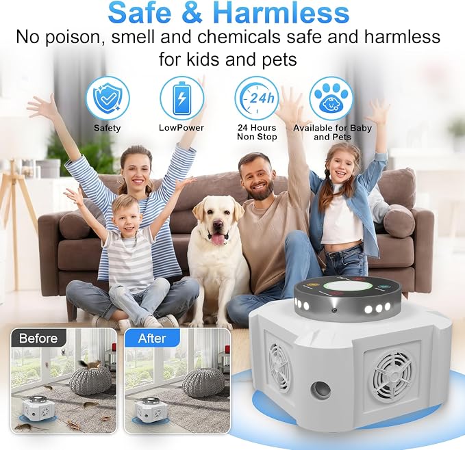 Ultrasonic Mouse Repeller & Pest Repellent - 12 Strobe Lights, 4 Frequency Modes, Indoor Plug in Rodent Control for Home, Garage, Attic, Warehouse, Electronic Mice Deterrent Devices, White