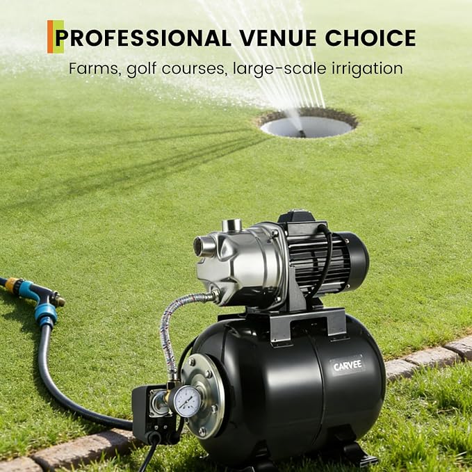 Garvee 1.6 HP Shallow Well Pump with Pressure Tank, 1320 GPH, Water Jet Irrigation Pump, Automatic Pressure Switch, Stainless Steel, for Home, Farm, Garden & Yard, Black