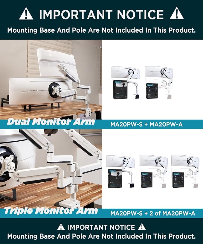 ULTRARM Heavy Duty Extension Arm [Accessory Only - Requires MA20PW-S Single Monitor Arm for Use] Dual 49" Vertical Stacked Monitor Mount Height Adjustable - 100x100 VESA Mount, White, MA20PW-A