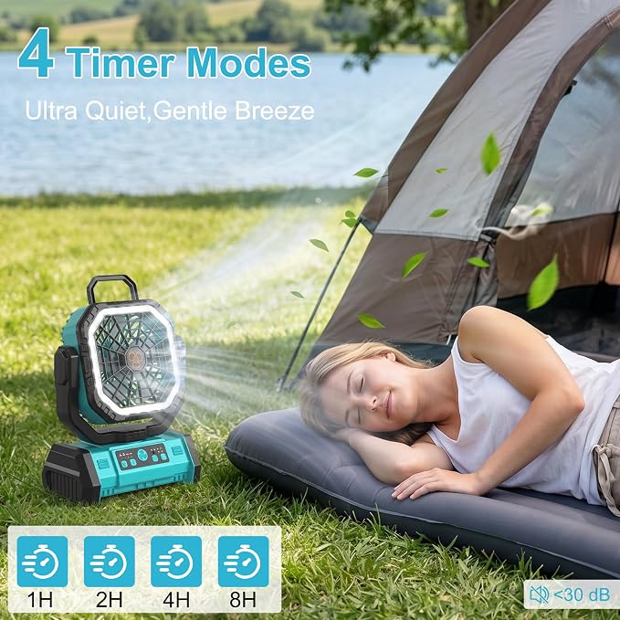 Honesorn Portable Rechargeable Fan 20000mAh, Camping Fan with LED Light & Remote, USB C Cordless Battery Powered, 4 Speeds Timer Hanging Hook for Travel Tent Outdoor Essentials - Blue