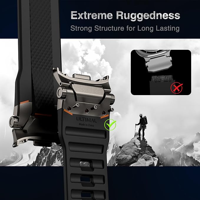 ULTIMAL Rugged TPU Sport Band ONLY for Samsung Galaxy Watch 8 Classic & Galaxy Watch 8 (40/44/46mm), Replacement Strap with Secure Connector, Waterproof Sweat-Resistant, Fit 6.2”-8.9”(Black+Grey)