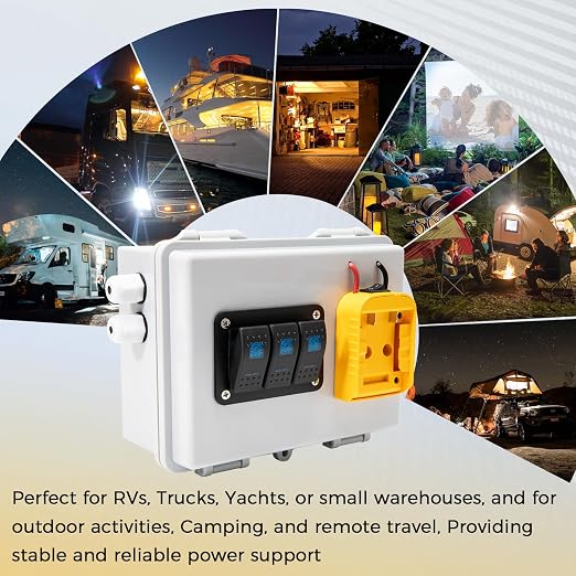 Power Distribution Box with Battery Adapter Fit for De.Walt 20V Battery, for RV Truck Trailer/Warehouse/Shed, with Pre-Installed Lines/Dual USB Charger/Low Voltage Protection, Battery Not Included