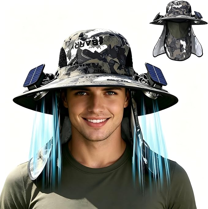 Wide Brim Solar Fan Hat for Men Women, 2026 3-in-1 Detachable Solar Powered Fan Hat, with Removable Neck Cap and Face Mask