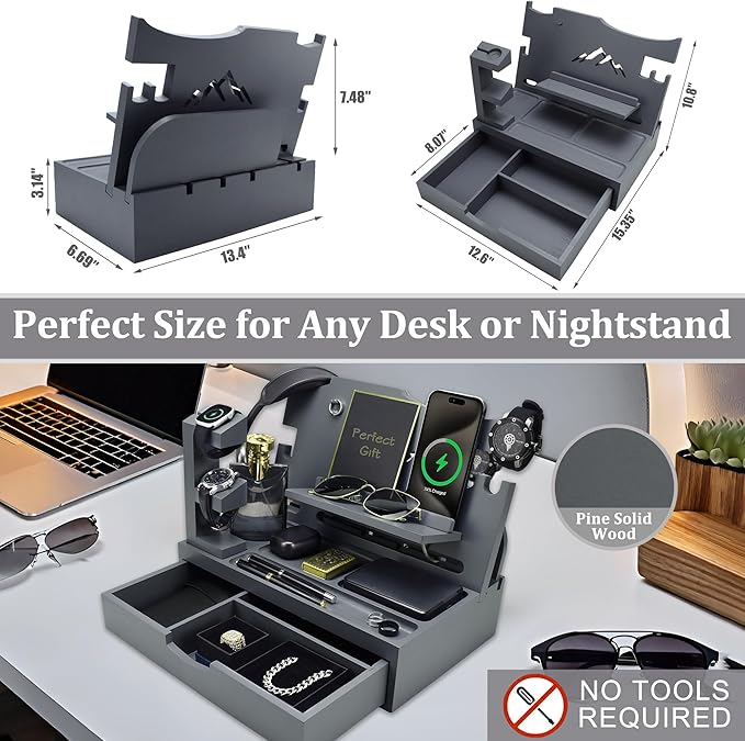 Nightstand Organizer for Men with Large Drawer, Wood Phone Docking Station for Phone, Apple Watch, Wallet & Keys, Ideal Birthday Gift for Father Husband, Bedside Desk Organizer (Grey)