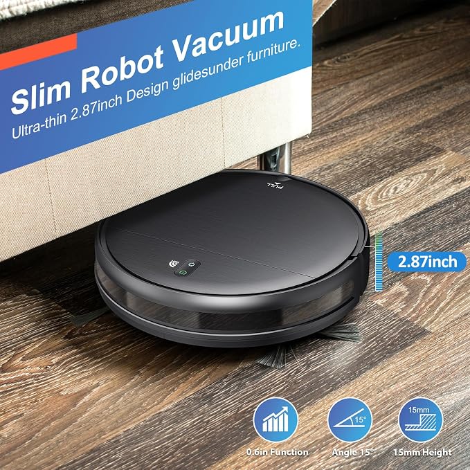Robot Vacuum and Mop Combo, 2 in 1 Robotic Vacuum Cleaner with Schedule, App/Alexa/Voice Control, Slim 2.87", Self-Charging, Strong Suction & Long Runtime, Ideal for Hard Floor, Pet Hair, Carpet