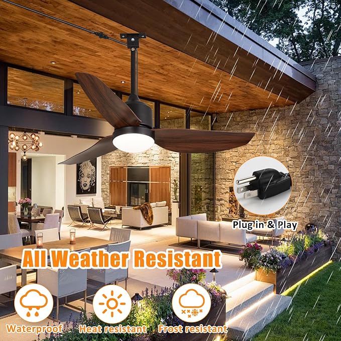 Depuley Outdoor Ceiling Fan with Light: 42 Inch Waterproof Gazebo Fans with Lights Outdoor Hanging - Plug in Remote App Control for Patio Indoor Farmhouse Porch - 6 Speed Reversible DC Motor Walnut