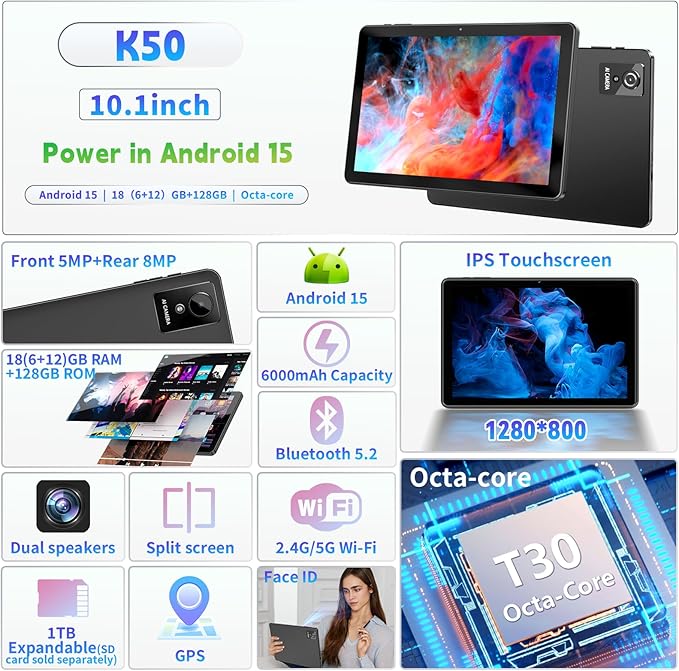 10 Inch Tablet, Android Tablet 10 Inch, Android 15 Tablet with 18GB RAM 128GB ROM, 1TB Expandable, Widevine L1, Octa-Core Processor, WiFi 5, 6000mAh Battery, T30 CPU, Dual Camera (5MP+8MP), Black