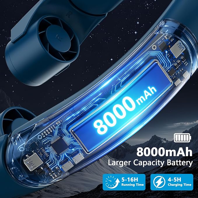 Mavax ChillGo Portable Neck Fan - 8000mAh Personal Wearable Fan, 9000 RPM Direct-flow 4X Powerful 360° Airflow Cooling Fan, Max 16H, 4 Speeds, LED Display, Great Gifts for Men Women - 5th Gen Blue