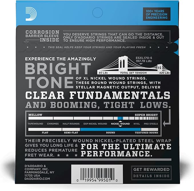 D'Addario Electric Bass Guitar Strings, XL Nickel, EXL170-5, Regular Light Gauge 45-130, Long Scale, 5-String Set, Pack of 1
