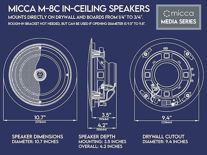 Micca M-8C 2-Way in-Ceiling Round Speaker, 9.4" Cutout Diameter, Whole House Audio, Home Theater, Indoor or Covered Outdoor, 8" Woofer, 1" Tweeter, White, Paintable, Each